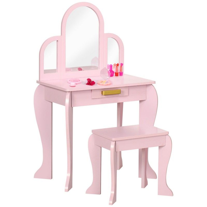 Homcom Kids Dressing Table Set With Mirror And Drawer - Pink