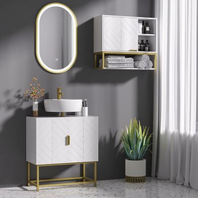 Product photograph of Kleankin Bathroom Mirror Cabinet Under Sink Storage Cabinet Basin Cupboard With 2 Doors And Gold Steel Legs from QD stores