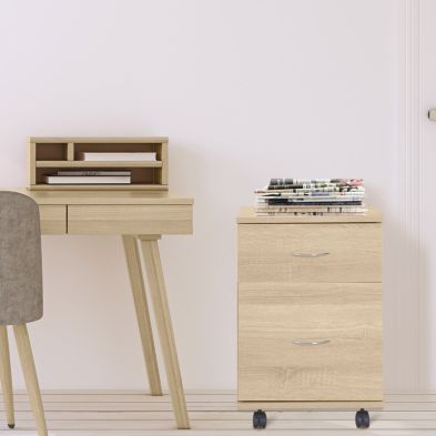 Product photograph of Homcom Mobile Wooden 2 Drawers Cabinet Storage Box With Wheels Oak from QD stores