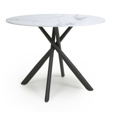 Contemporary Circular Dining Table Metal Glass White Marble Effect