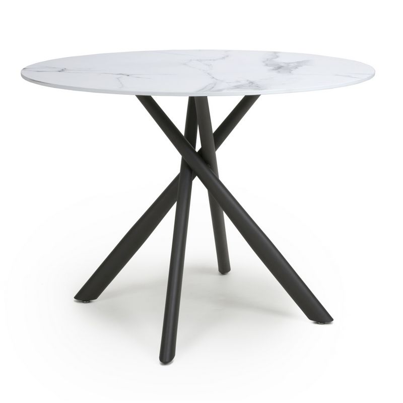 Contemporary Circular Dining Table Metal & Glass White Marble Effect