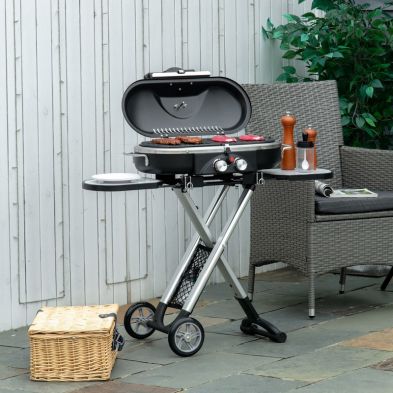 Outsunny Foldable Gas Bbq Grill 2 Burner Garden Barbecue Trolley W Lid Side Shelves Storage Pocket Piezo Ignition Thermometer