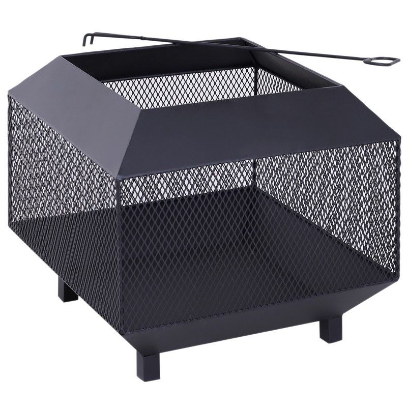 Outsunny Metal Square Fire Pit Outdoor Mesh Firepit Brazier W/ Lid
