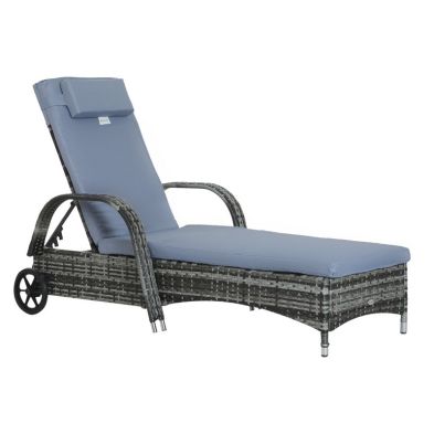 Outsunny Garden Rattan Furniture Single Sun Lounger Recliner Bed Reclining Chair Patio Outdoor Wicker Weave Adjustable Headrest With Fire Retardant Cushion Grey
