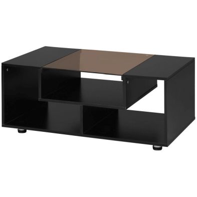 Homcom Modern Coffee Table With Tempered Glass Top Cocktail Table With 3 Tier Storage Shelves For Living Room Black