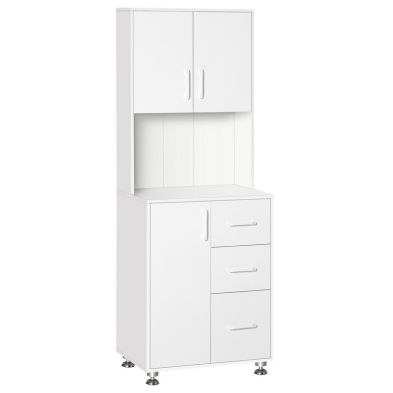 Homcom Modern Kitchen Cupboard With Storage Cabinets 3 Drawers And Open Countertop For Living Room White