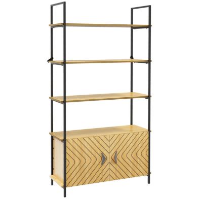 Homcom Bookcase 4 Tier Storage Shelf With Double Door Cabinet And Metal Frame For Living Room Bedroom Oak Tone