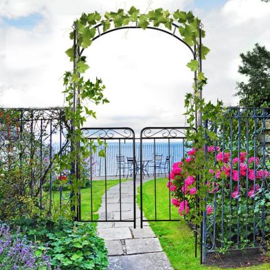 Outsunny Garden Decorative Metal Arch With Gate Outdoor Patio Trellis Arbor For Climbing Plant Archway Antique Black 108l X 45w X 215h Cm