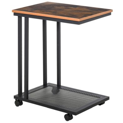 Homcom C Shaped Side Table With Wheels Mobile End Table Laptop Stand With Metal Frame And Storage Shelf Rustic Brown