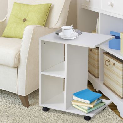 Product photograph of Homcom C-shape End Table Unique Storage Unit W 2 Shelves 4 Wheels Freestanding Home Office Furniture Cabinet Square Studio White from QD stores