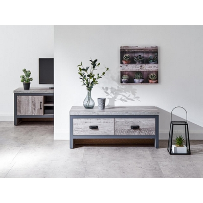 Product photograph of Boston Coffee Table Metal Wood Grey 2 Drawers from QD stores