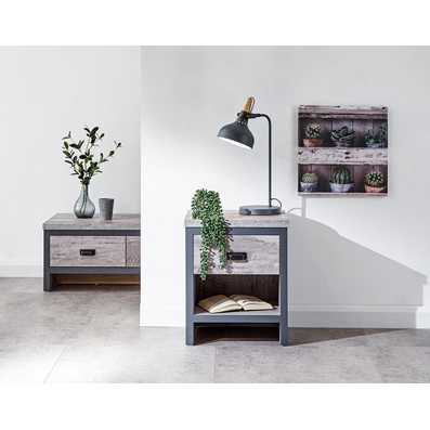 Product photograph of Boston Bedside Table Metal Wood Grey 1 Shelf 1 Drawer from QD stores