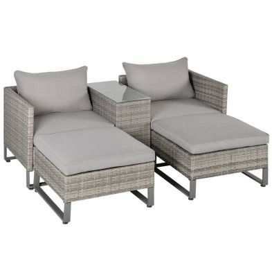 Outsunny 5pcs Patio Rattan Wicker Sofa Set Chaise Lounge Double Sofa Bed Furniture W Coffee Table Footstool For Patios