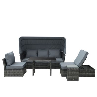 Product photograph of Outsunny 5 Pcs Outdoor Rattan Wicker Sofa Sets Reclining Sofa Adjustable Canopy Side Table Dining Table Set Sectional Conversation Furniture W Cushions from QD stores