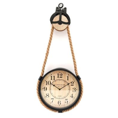 Rope Pulley Clock Wood Hanging Battery Powered 74cm