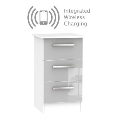 Buxton Wireless Charger Slim Bedside Table White Grey 3 Drawers