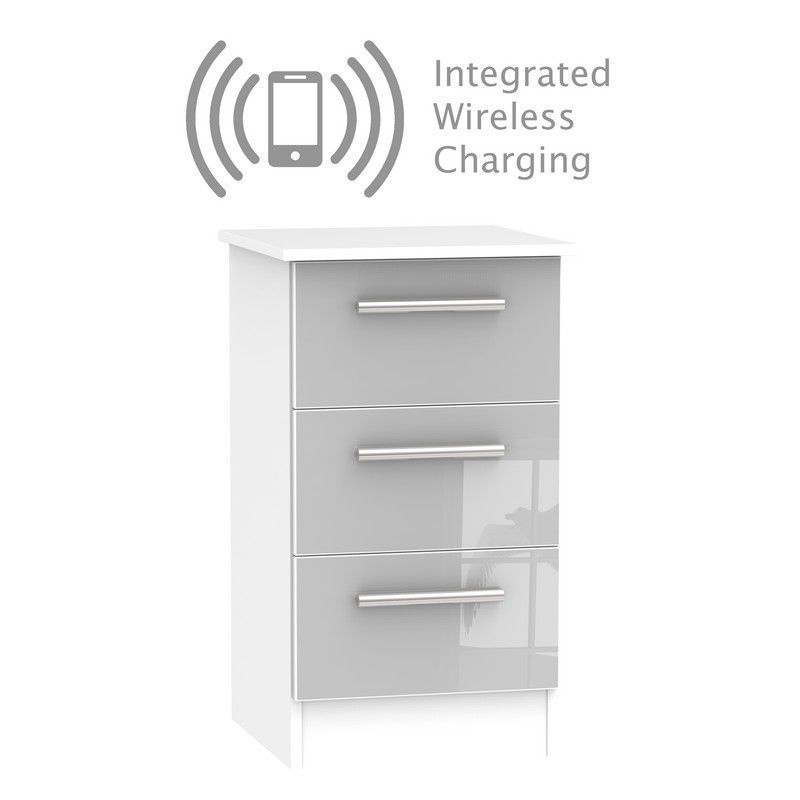 Buxton Wireless Charger Slim Bedside Table White & Grey 3 Drawers