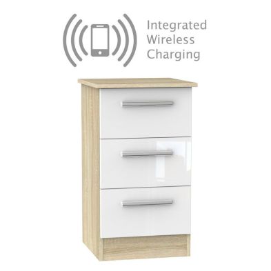 See more information about the Buxton Wireless Charger Slim Bedside Table Natural & White 3 Drawers