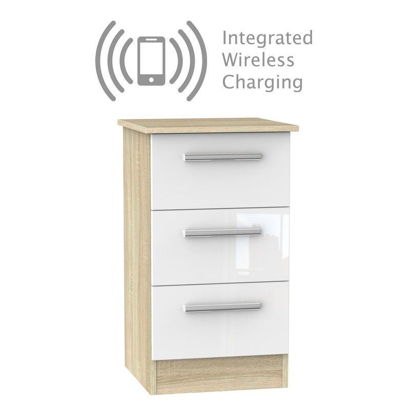 Buxton Wireless Charger Slim Bedside Table Natural & White 3 Drawers