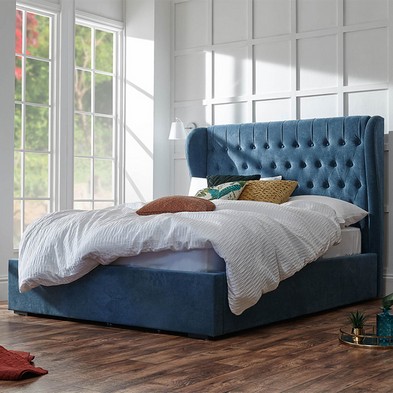 Dakota King Size Ottoman Bed Wood Fabric Blue 6 X 7ft