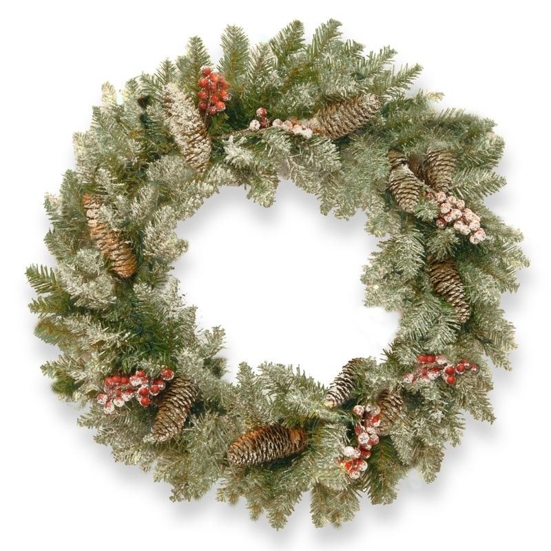 Wreath Christmas Decoration White Frosted Green - 50cm Snowy Dunhill Fir 
