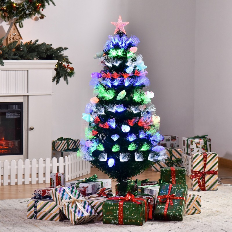5ft Fibre Optic Christmas Tree Artificial - Dark Green with LED Lights Multicoloured 170 Tips