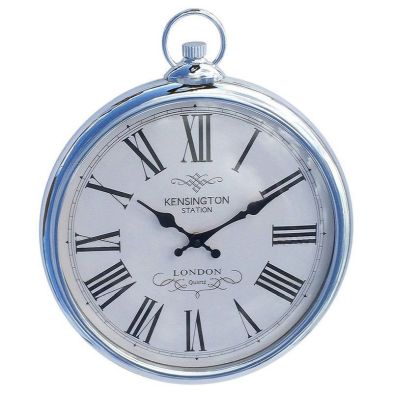 Pocket Watch Clock Metal Silver Wall Mounted Battery Powered 35cm