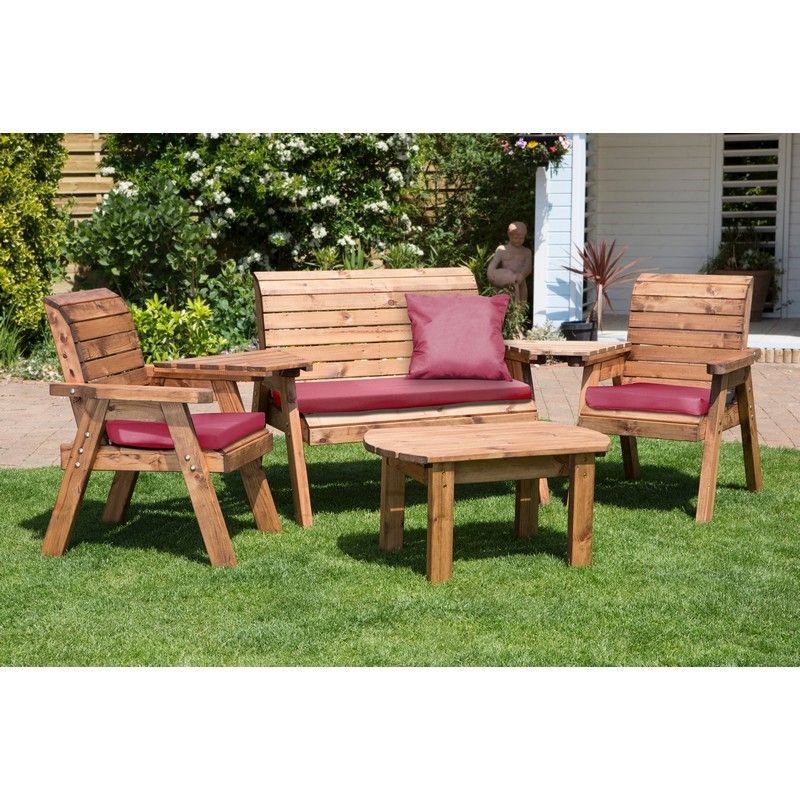 Scandinavian Redwood Garden Patio Dining Set by Charles Taylor - 4 Seats Burgundy Cushions