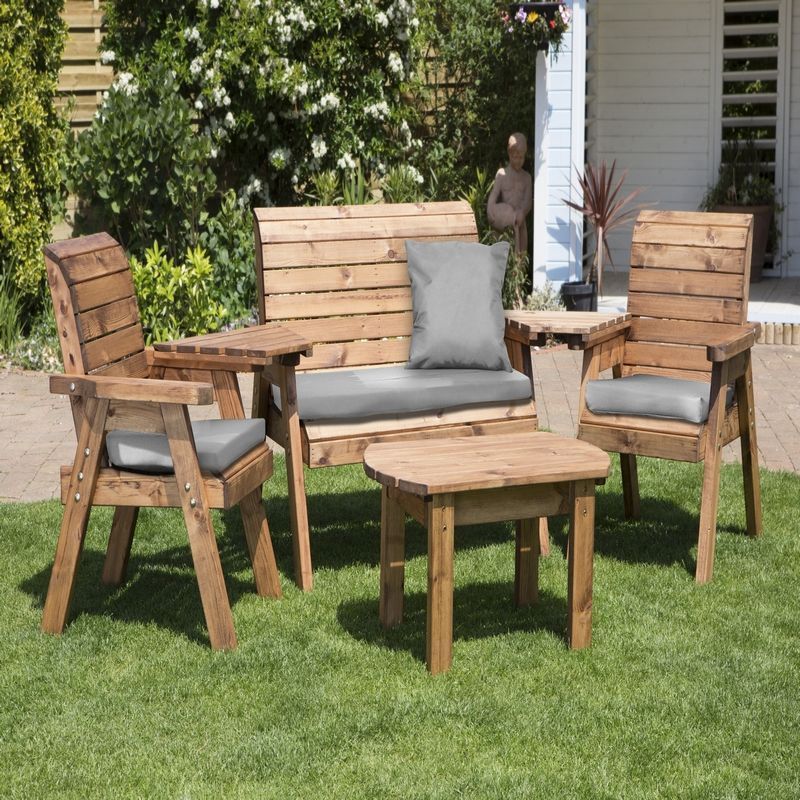 Scandinavian Redwood Garden Patio Dining Set by Charles Taylor - 4 Seats Grey Cushions