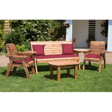 Product photograph of Scandinavian Redwood Garden Patio Dining Set By Charles Taylor - 5 Seats Burgundy Cushions from QD stores