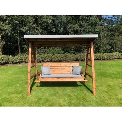 Product photograph of Scandinavian Redwood Garden Swing Seat By Charles Taylor - 3 Seats Grey Cushions from QD stores