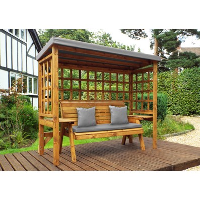 Scandinavian Redwood Garden Arbour By Charles Taylor 3 Seats Grey Cushions