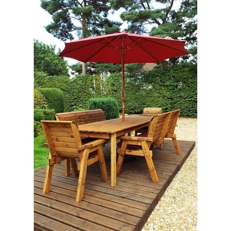 Scandinavian Redwood Garden Patio Dining Set by Charles Taylor - 8 Seats Burgandy Cushions