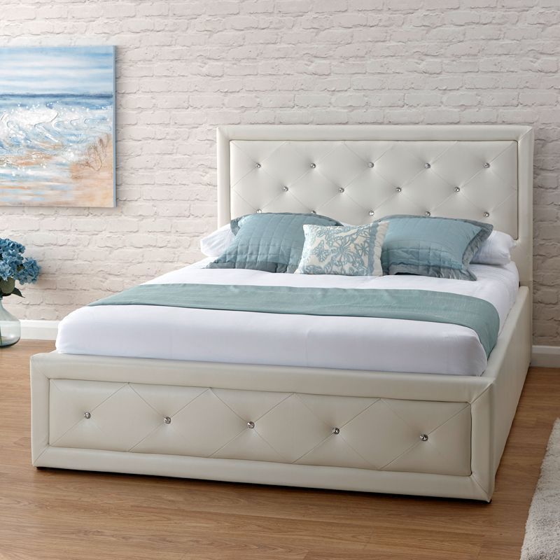 Hollywood King Size Ottoman Bed White, White Faux Leather King Size Bed