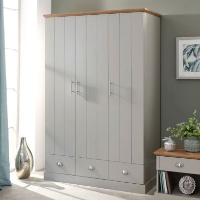 Product photograph of Kendal Tall Wardrobe Grey 3 Doors 1 Shelf 3 Drawers from QD stores