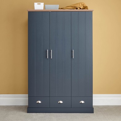 Product photograph of Kendal Tall Wardrobe Blue 3 Doors 1 Shelf 3 Drawers from QD stores
