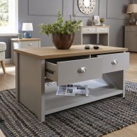 See more information about the Lancaster Coffee Table Grey 1 Shelf 2 Drawers