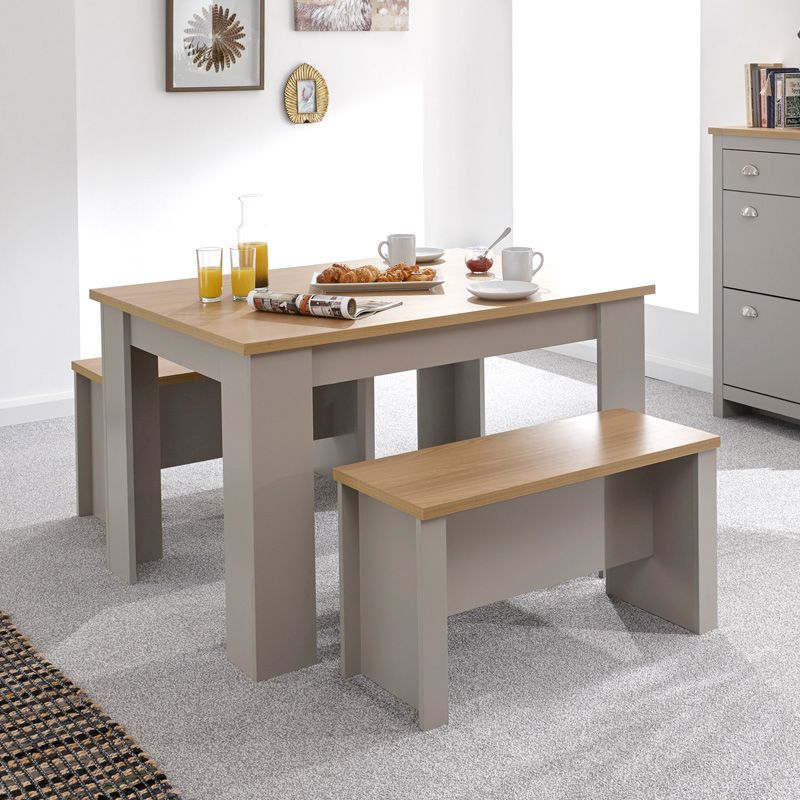 Lancaster 4 Seater Dining Set Grey & Oak With 2 Benches