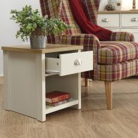See more information about the Lancaster Lamp Table Cream & Oak 1 Shelf 1 Drawer