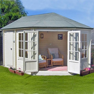 Product photograph of Shire Leygrove 14 X 10 Hexagonal Hip Log Cabin - Premium 28mm Cladding Tongue Groove from QD stores