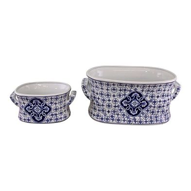 2x Planter Ceramic Blue White With Ornate Pattern