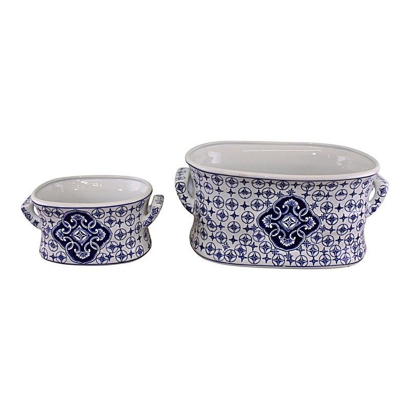 2x Planter Ceramic Blue & White with Ornate Pattern
