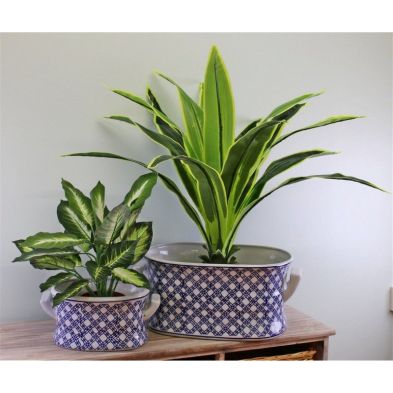 Product photograph of 2x Planter Ceramic Blue White With Geometric Pattern from QD stores