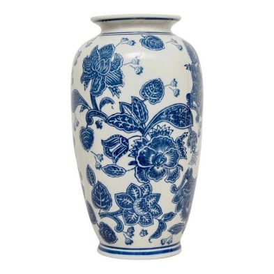 Product photograph of Urn Vase Ceramic Blue White With Flower Pattern - 31cm from QD stores