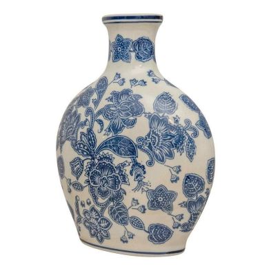 Bottle Vase Ceramic Blue White With Flower Pattern 31cm
