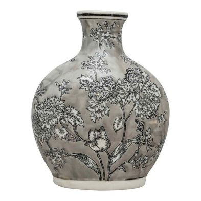 Bottle Vase Ceramic Grey White With Flower Pattern 32cm