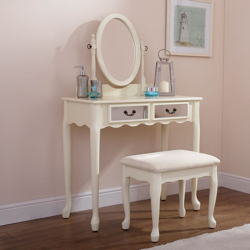 Matilda Dressing Table Cream & Mirrored 2 Drawer With Stool