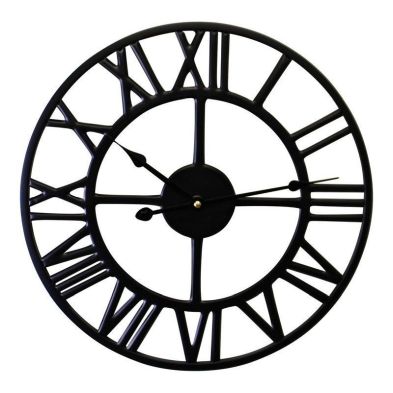 Product photograph of Roman Numeral Clock Metal Black Wall Mounted Battery Powered - 39cm from QD stores
