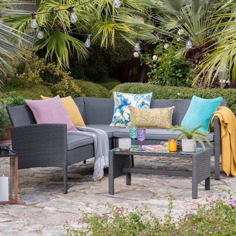 Nevada Rattan Garden Corner Sofa by Royalcraft - 5 Seats Grey Cushions