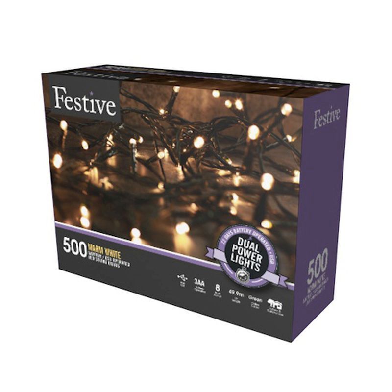 500 LED Warm White 49.9m Dual Power Christmas Tree Outdoor Lights